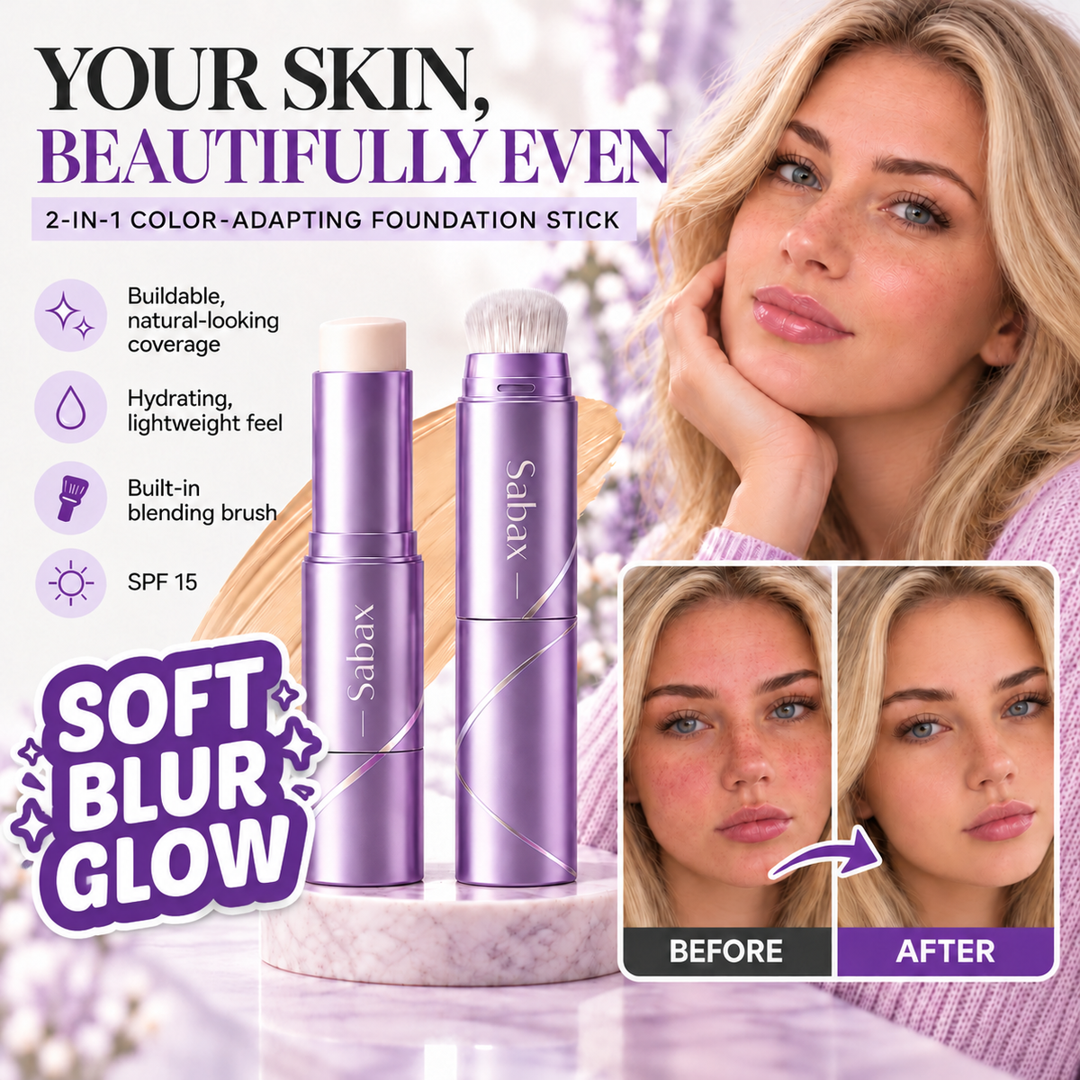 Color-Adapting Foundation Stick with Built-In Brush 🔥 Color Changing Foundation Stick 🧸🧸